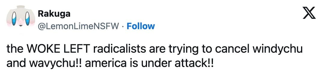 A funny Pokemon Winds and Waves meme tweet parodying political outrage, jokingly claiming that the woke left is trying to cancel the new Windychu and Wavychu variants in a hilarious Pokemon Winds and Waves reaction.