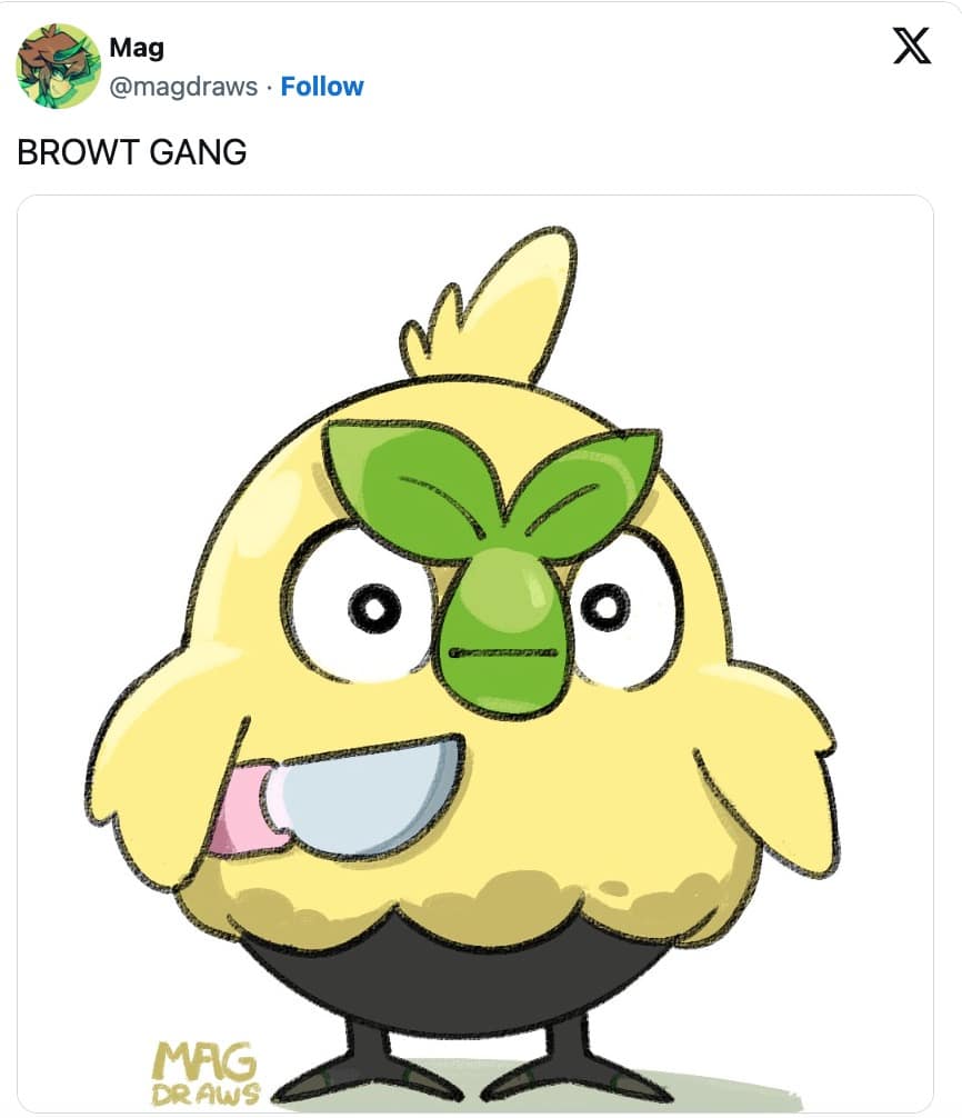 fan art Pokemon Winds and Waves meme depicting the new grass starter, Browt, staring blankly while holding a kitchen knife under the caption Browt Gang, perfectly capturing the unhinged Pokemon Winds and Waves reaction.