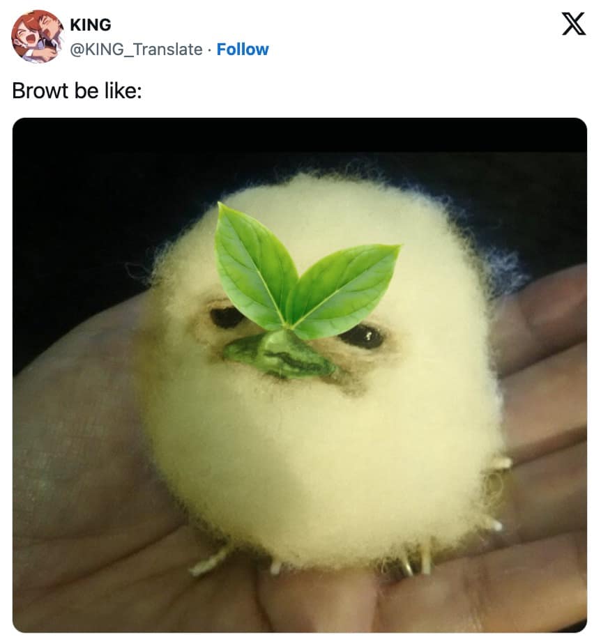 accurate Pokemon Winds and Waves meme comparing the new grass starter Browt to a real-life blurry, fluffy yellow baby chick with two green leaves photoshopped onto its face, making for a spot-on Pokemon Winds and Waves reaction.