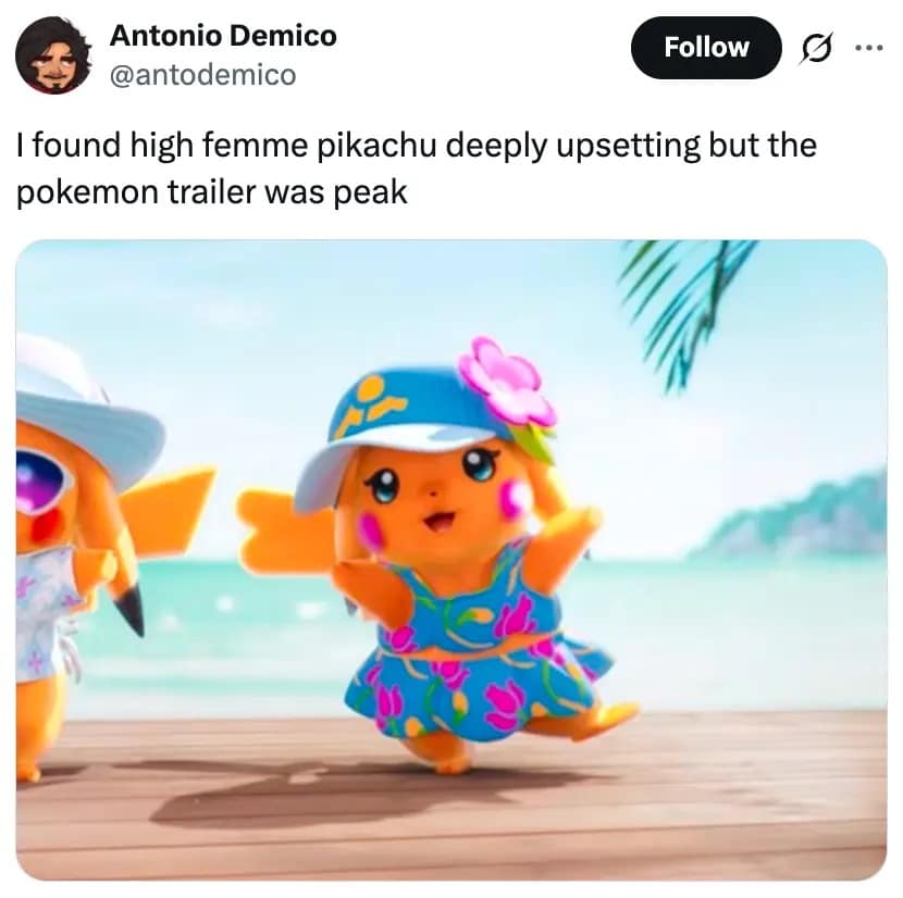 A conflicted Pokemon Winds and Waves meme showing a highly detailed, 3D animated high femme Pikachu in a floral dress from the new trailer, with a user expressing deep upset mixed with hype in their Pokemon Winds and Waves reaction.