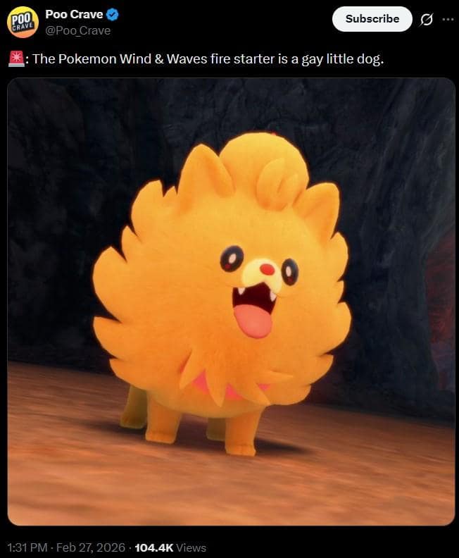 A hilarious Pokemon Winds and Waves meme showing a parody pop culture account jokingly describing the new fluffy orange fire starter as a gay little dog, sparking a massive Pokemon Winds and Waves reaction.