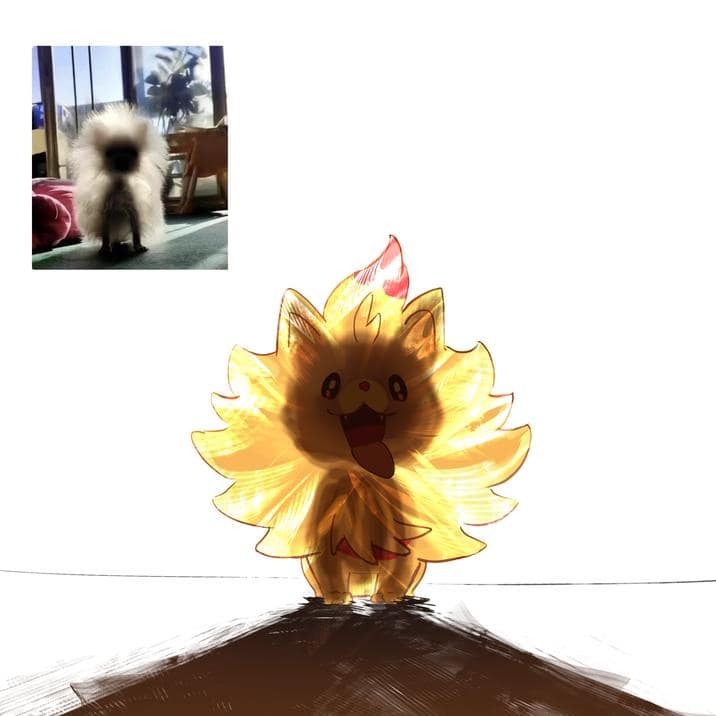 A creative Pokemon Winds and Waves meme comparing the new fluffy fire starter sitting dramatically in a ray of sunlight to a classic viral photo of a small dog glowing in the sun, a top tier Pokemon Winds and Waves reaction.