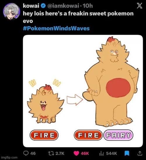 cursed Pokemon Winds and Waves meme showing a fan-made evolution for the new fire starter that just turns it into a furry orange Peter Griffin, driving a hilarious Pokemon Winds and Waves reaction across social media.