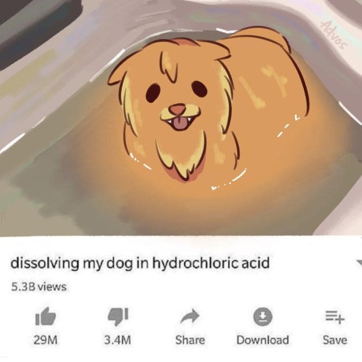 A dark humor Pokemon Winds and Waves meme featuring a cute drawing of the new fire starter dog sitting in a vat of liquid, paired with a fake YouTube video title about dissolving a dog in hydrochloric acid, a wild Pokemon Winds and Waves reaction.