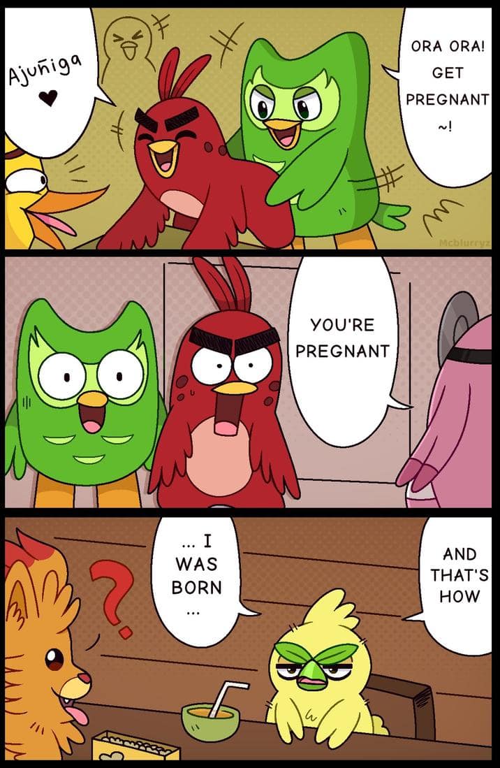 inappropriate but funny Pokemon Winds and Waves meme comic showing the Duolingo owl and the red Angry Bird creating the new grass starter, while the fire starter watches in shock, a staple Pokemon Winds and Waves reaction.