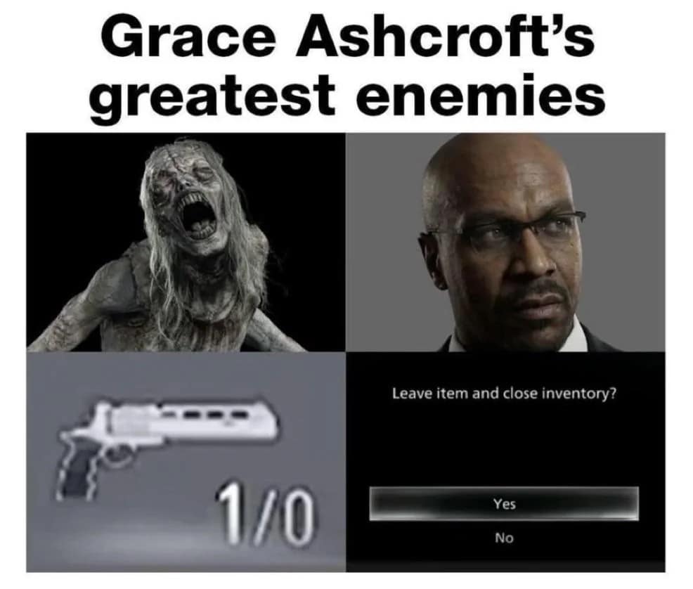 A four-panel Resident Evil Requiem meme titled "Grace Ashcroft's greatest enemies," featuring a terrifying zombie, a stern man in a suit, a powerful magnum with only one bullet left, and the dreaded "Leave item and close inventory?" confirmation screen that haunts every survival horror player.