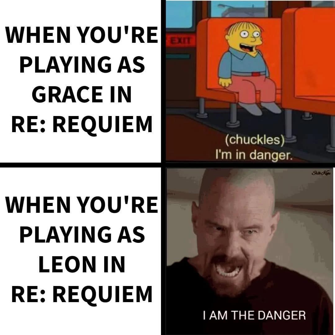 classic comparison Resident Evil Requiem meme using Ralph Wiggum saying "I'm in danger" to represent the survival-horror struggle of playing as Grace, contrasted with Walter White’s "I am the danger" for Leon Kennedy's combat-heavy gameplay