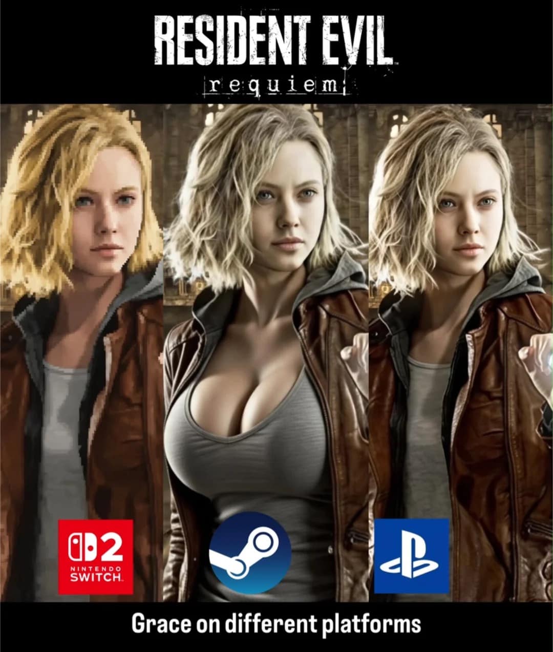 platform comparison Resident Evil Requiem meme showing Grace on the Nintendo Switch 2 and PlayStation, while the Steam version is jokingly depicted as a highly modded, exaggerated "bikini" model, poking fun at the PC modding community