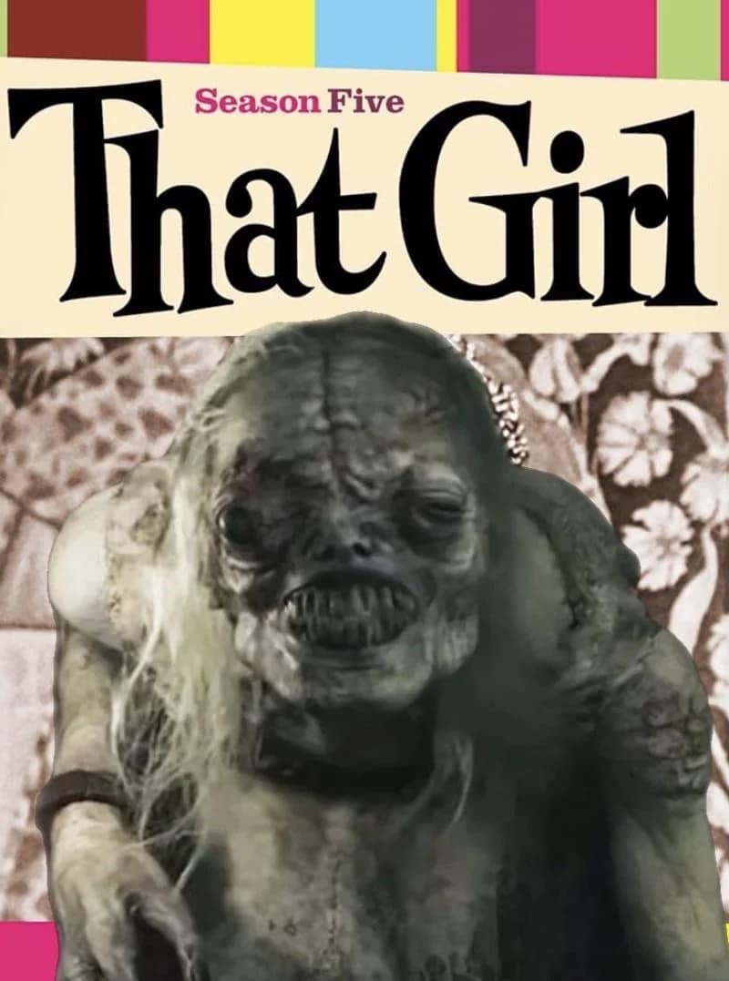 hilarious RE9 meme parodying a classic magazine cover titled "That Girl," but instead of a fashion icon, it features a grotesque, wide-eyed creature with stringy blonde hair, perfectly capturing the chaotic "it girl" energy of the new mutated protagonist.