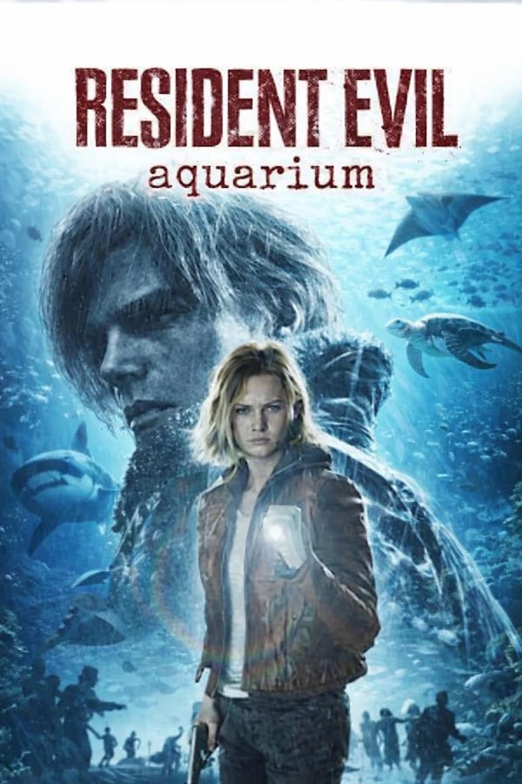 edited movie-style poster for "Resident Evil Aquarium," a Resident Evil Requiem meme showing Leon Kennedy and Grace Ashcroft underwater surrounded by sharks, turtles, and stingrays, poking fun at the game's surprising aquatic setting