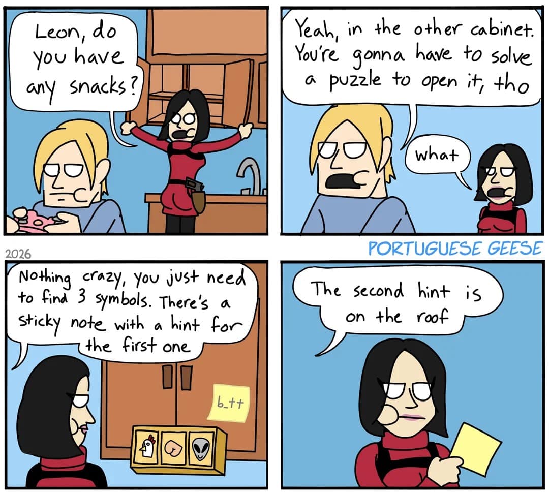 funny four-panel comic by Portuguese Geese where Ada Wong asks Leon for snacks, only for him to reveal she has to solve a classic RE9 meme puzzle involving hidden symbols and sticky notes just to open the kitchen cabinet