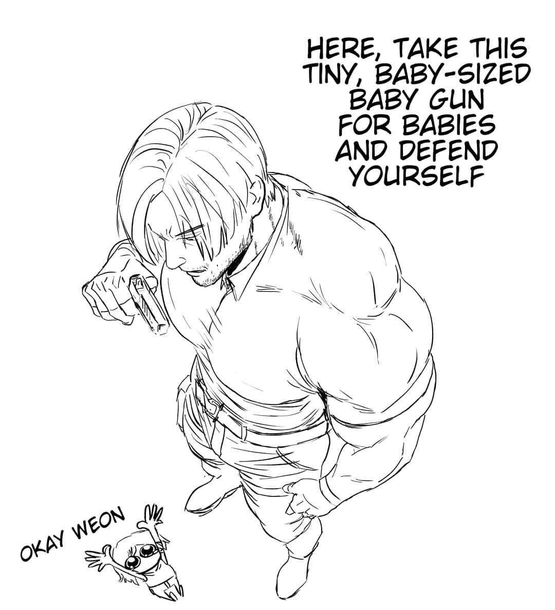 fan-art RE9 meme featuring a massive, ultra-buff Leon Kennedy looking down at a tiny, wide-eyed Grace Ashcroft and handing her a microscopic "baby-sized baby gun" for self-defense, highlighting the power gap between the two leads