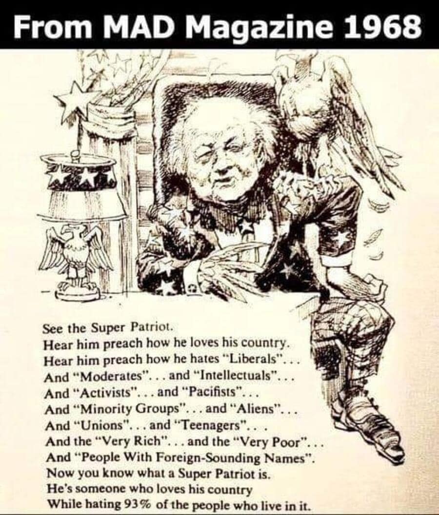 Vintage MAD Magazine comic from 1968 satirizing a super patriot who hates 93 percent of citizens.