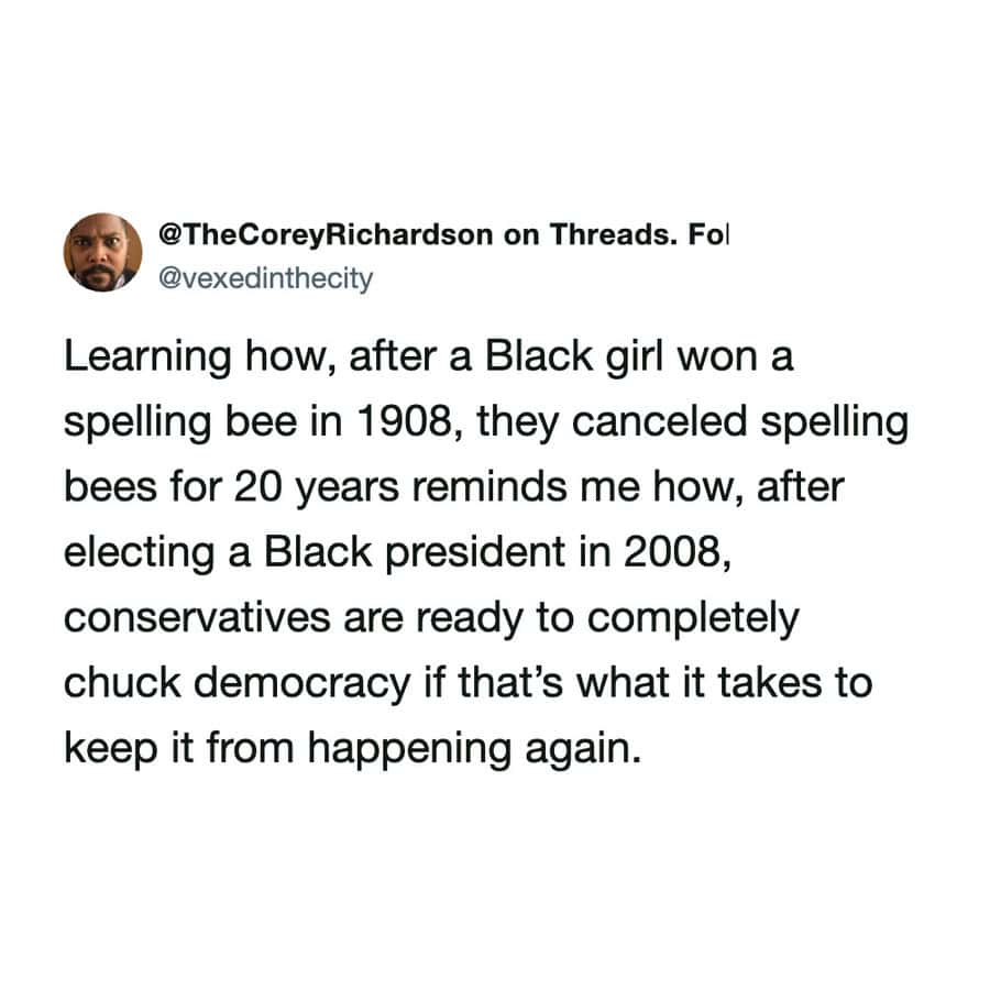 Threads post comparing the 1908 spelling bee cancellation to modern democratic challenges.
