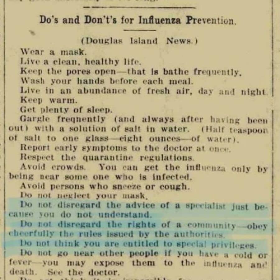 Historical newspaper clipping from Douglas Island News listing do's and don'ts for influenza prevention.