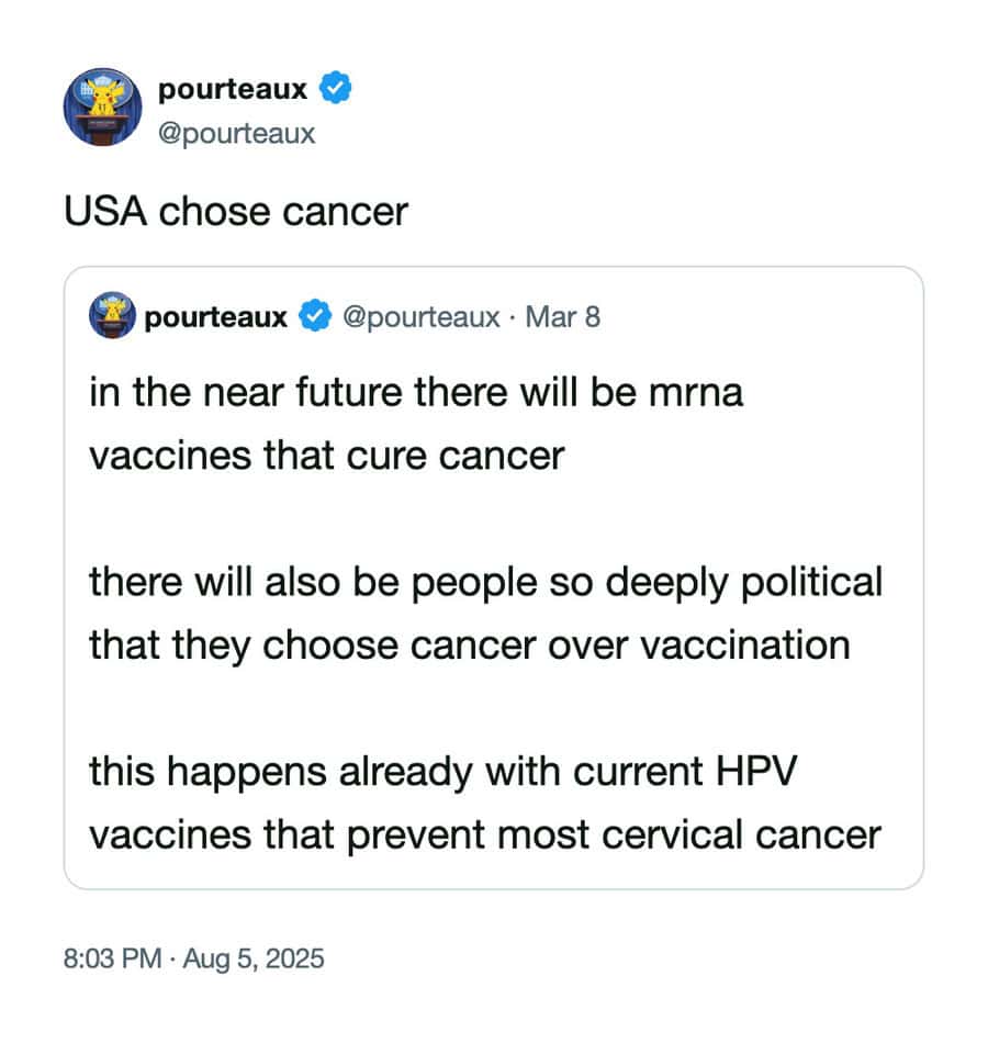 Social media post predicting people would choose cancer over vaccines due to deep political beliefs.