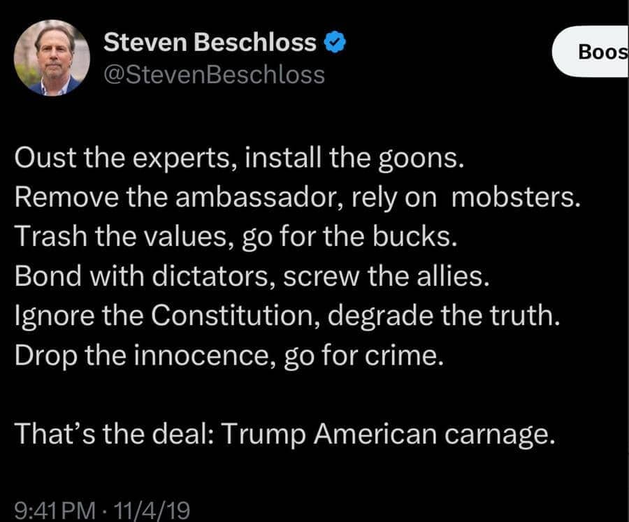 Twitter post from 2019 by Steven Schloss criticizing political leadership and "American carnage."