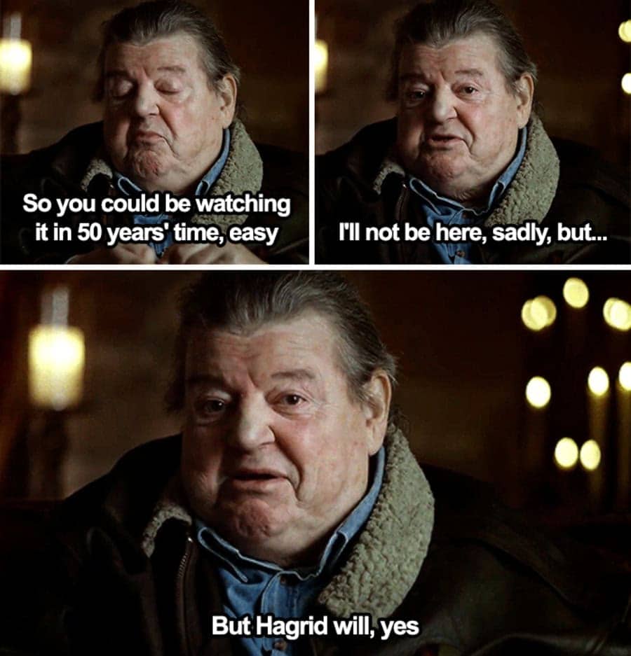 Actor Robbie Coltrane in a Harry Potter reunion special discussing the immortality of Hagrid.