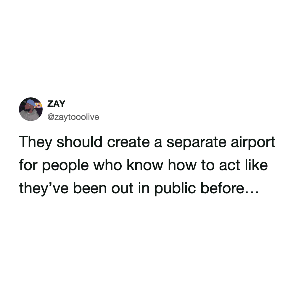 brutally honest airport meme tweet suggesting a revolutionary idea: creating a completely separate, exclusive terminal specifically for people who actually know how to behave like they have been out in public before.