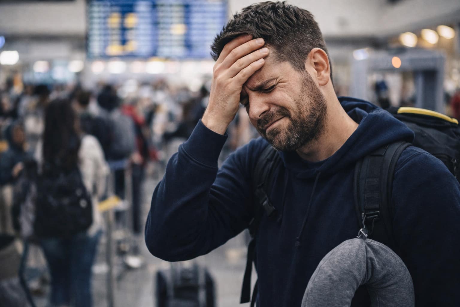 A collage of airport memes featuring a tweet ranking the TSA line as the ultimate place to learn how to chug a drink, a horrifying moment where TSA reveals a passenger's bag is fifty percent potatoes, and a desperate plea for oxygen masks to escape strong perfume.