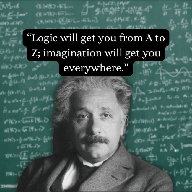 Contrasting linear thinking with total creative freedom, this albert einstein quote highlights the limitless reach of imagination, positioned over a classic bust-style portrait of the iconic figure and a sea of green-tinted equations.