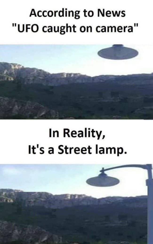 Comparison of a blurry UFO in the sky versus a clearly visible street lamp.