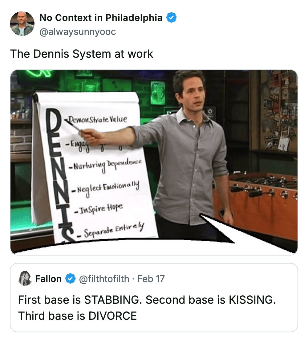 Dennis Reynolds pointing at a whiteboard explaining the D.E.N.N.I.S. system with a chaotic relationship base caption.