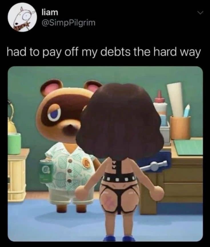 Humorous tweet showing an Animal Crossing character in suggestive clothing standing before a surprised Tom Nook.