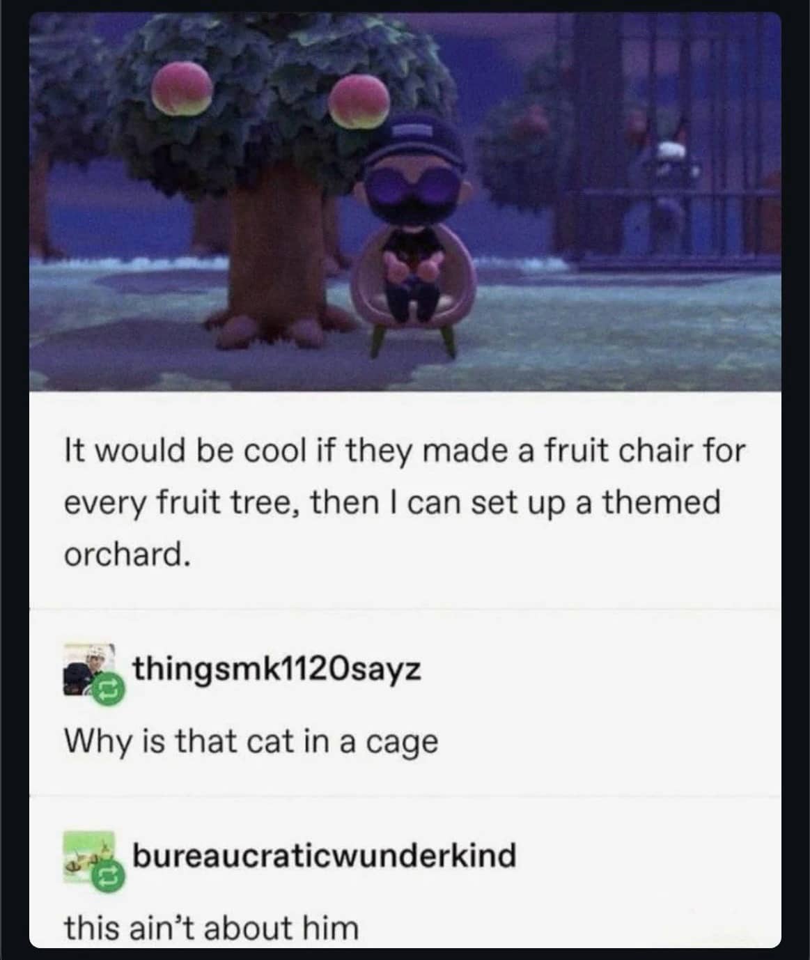Tumblr post about orchard furniture themes where a caged cat villager is awkwardly visible.