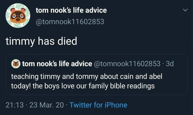Dark humor tweet series about Tom Nook teaching Timmy and Tommy a biblical story gone wrong.