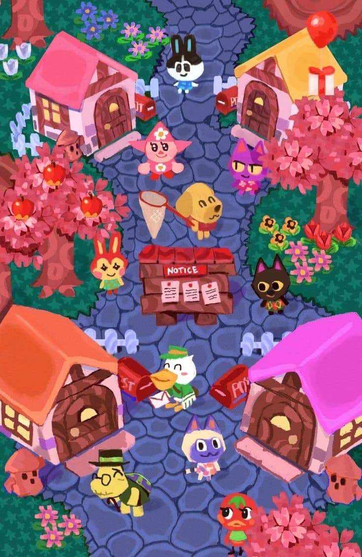 Colorful fan art illustration of a cozy Animal Crossing village street filled with various villagers.