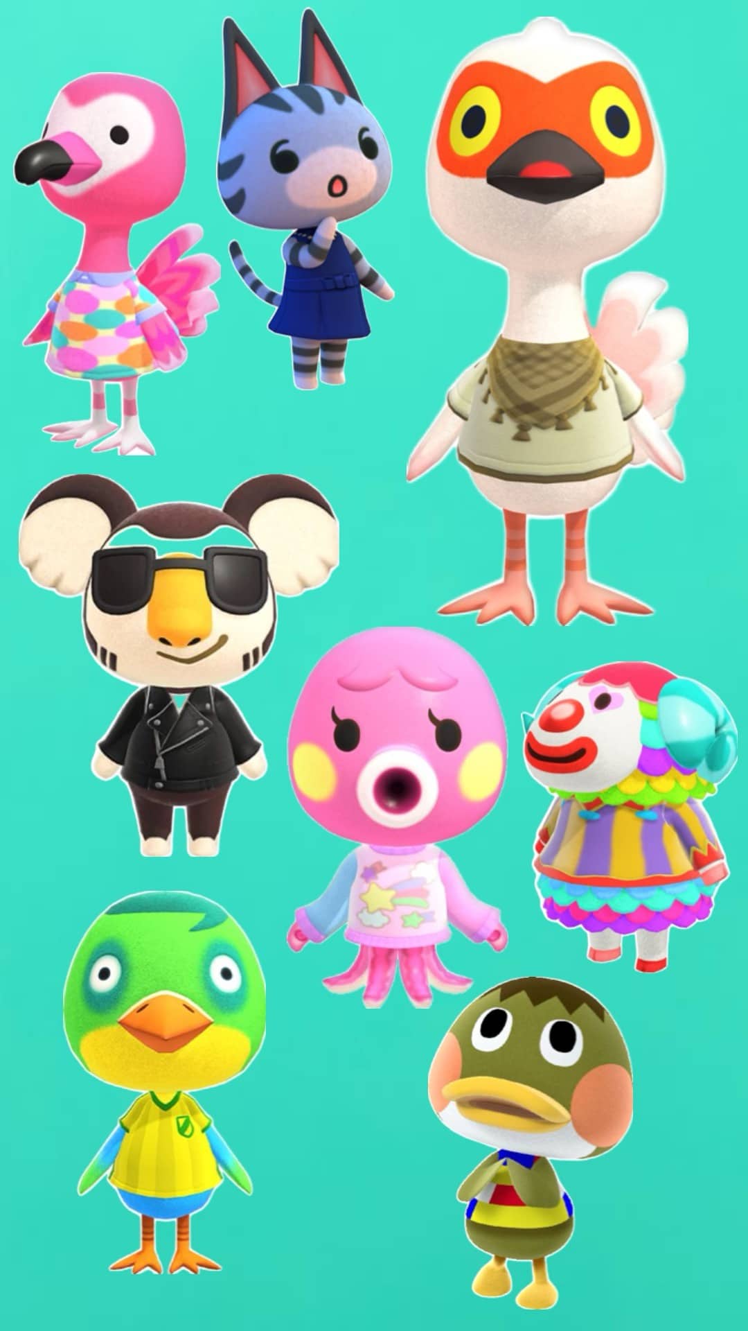 Character lineup showcasing diverse Animal Crossing villagers like Marina the octopus and Pietro the clown.