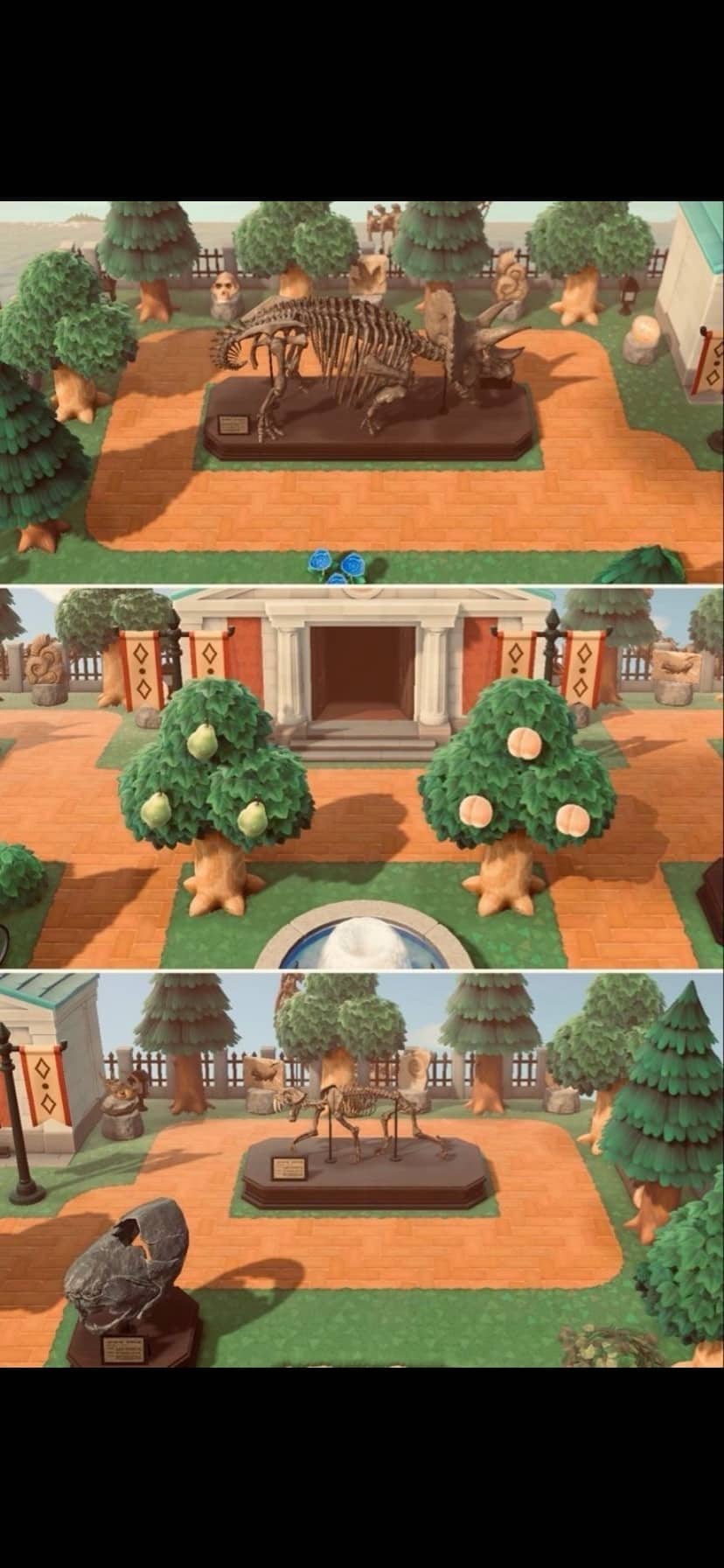 Three-panel view of a sophisticated museum entrance on an Animal Crossing island with dinosaur fossils.