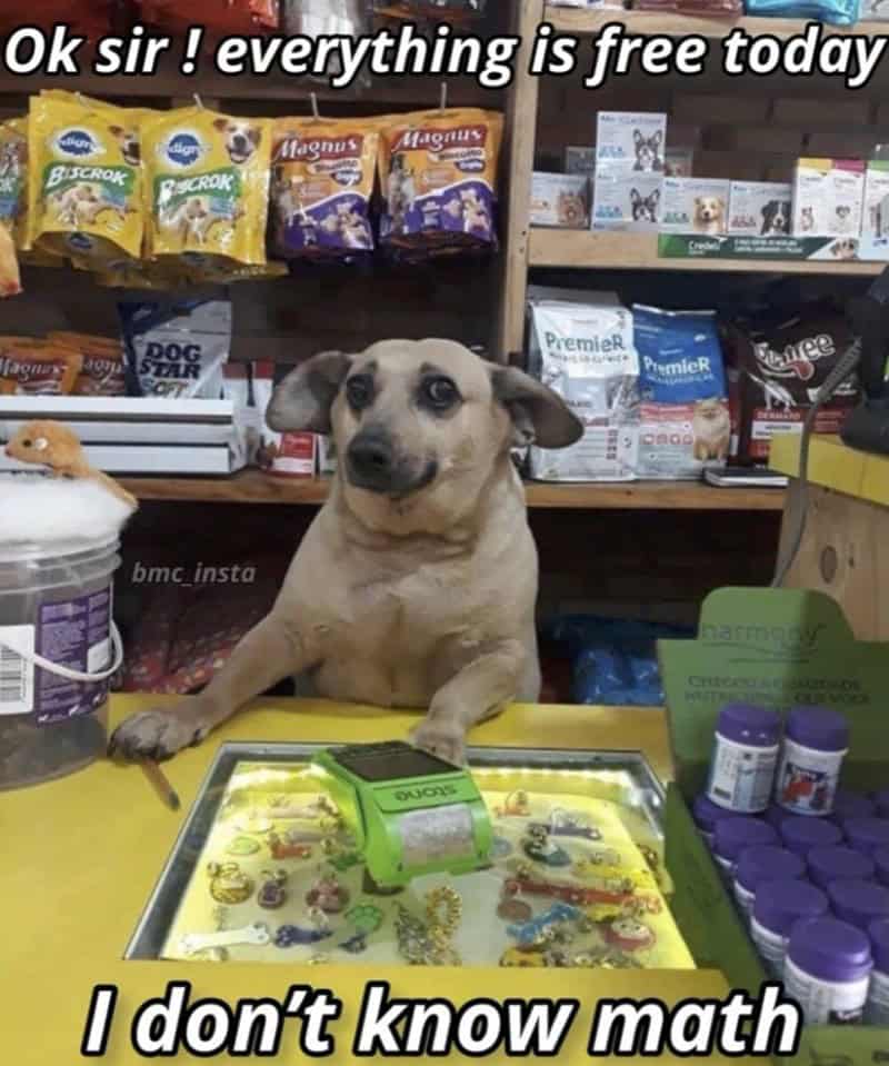 Wholesome business failure is the core of this animal meme, where a dog behind a pet shop counter offers everything for free because he simply doesn't know math