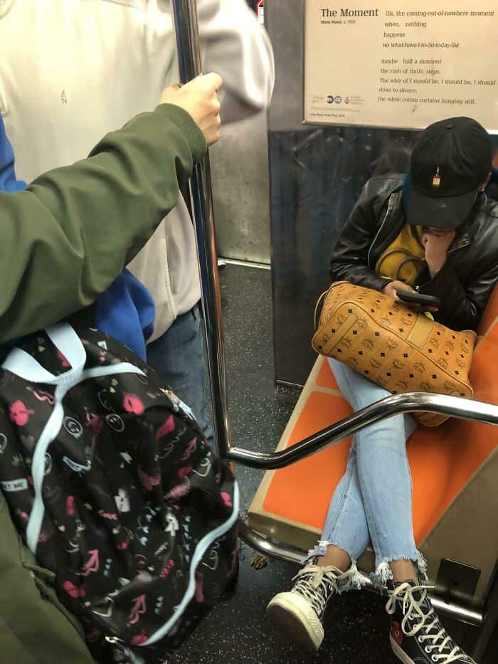 Putting feet up and using a designer MCM bag to occupy a seat during a crowded commute showcases the blatant selfishness of annoying people on public transit