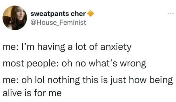 A relatable anxiety meme featuring a tweet about explaining to friends that nothing is actively wrong and feeling stressed is simply the baseline state of being alive.