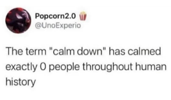 Funny anxiety tweets pointing out the undeniable fact that the phrase calm down has successfully calmed exactly zero people throughout all of human history.