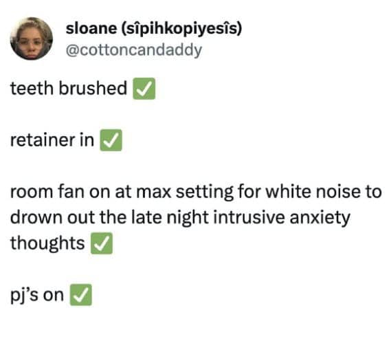 A highly accurate anxiety meme showing a bedtime checklist that includes blasting a room fan on max to completely drown out late night intrusive thoughts.