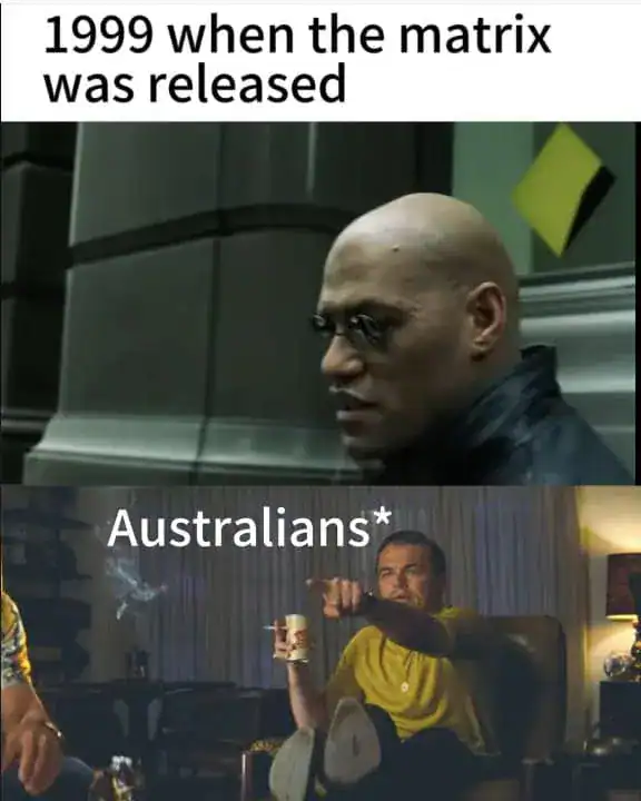 The Matrix movie scene with Morpheus sitting in front of a yellow Commonwealth Bank logo.