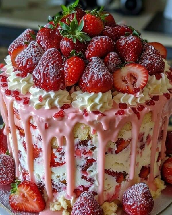 A decadent strawberry cake overflowing with fresh berries, whipped cream, and a pink chocolate drip.
