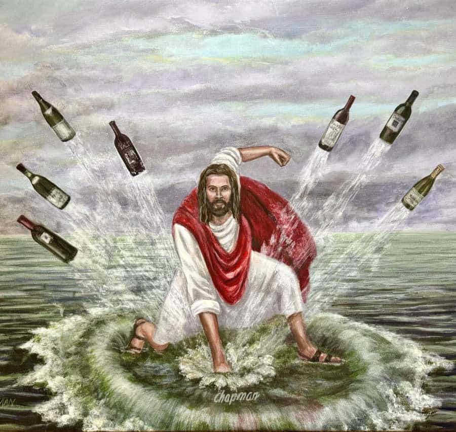 Surrealistic painting of Jesus performing an action pose while launching wine bottles into the air.