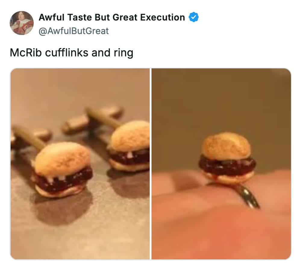 Close-up of jewelry consisting of tiny, hyper-realistic McRib sandwich cufflinks and a matching ring.