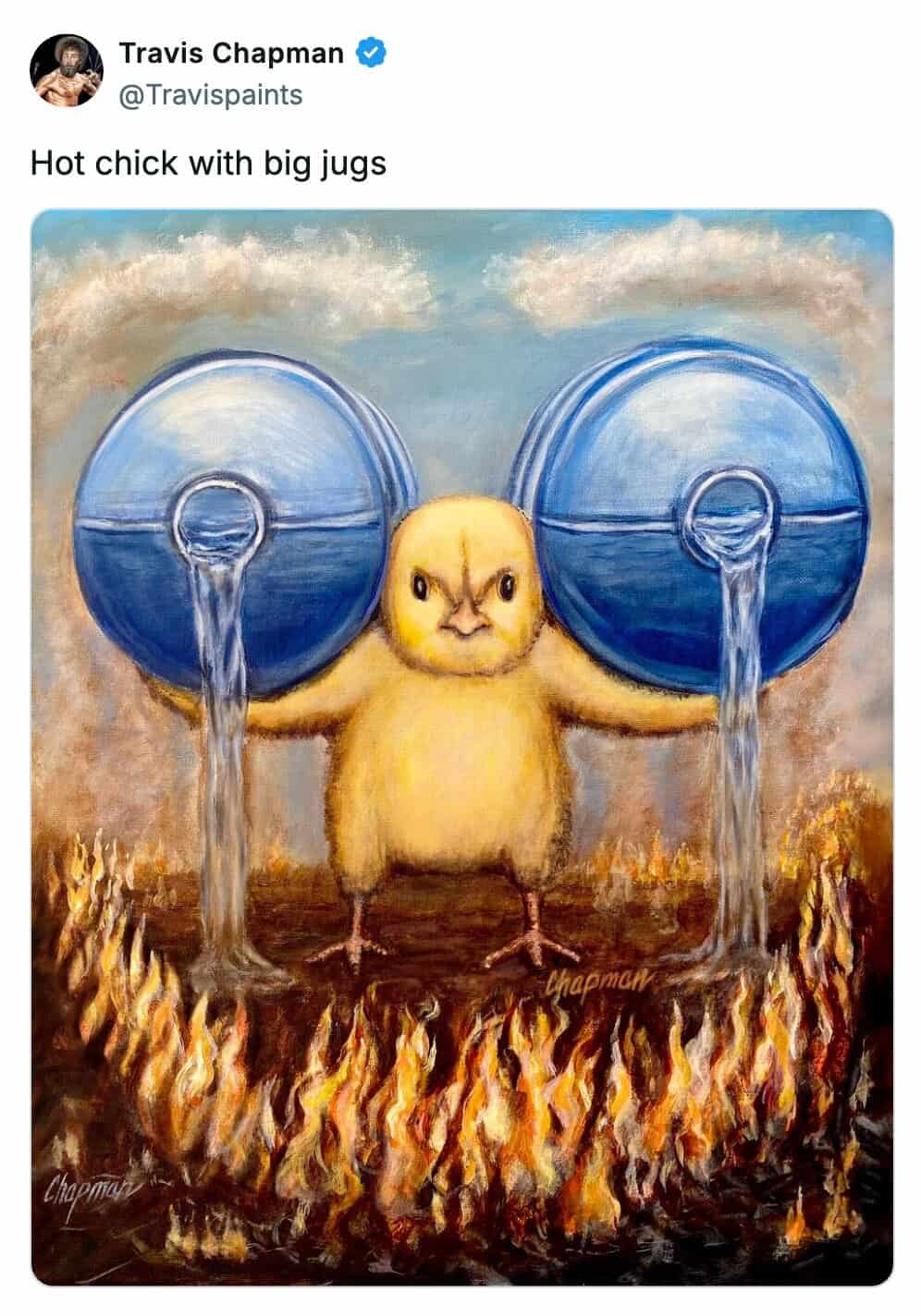 Punny painting of a literal small yellow chick holding two massive blue water jugs.