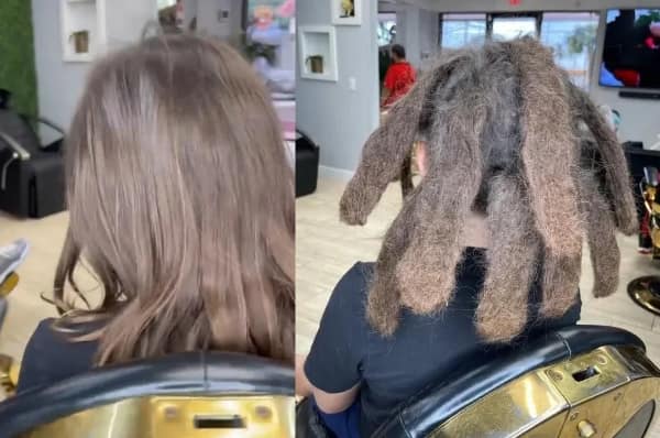 shocking before-and-after bad haircut transformation, showing fine, straight brown hair completely ruined and matted into massive, thick, clumped dreadlocks that look like giant fingers.