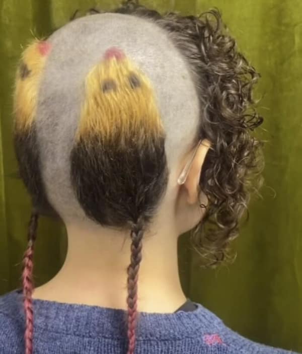 cursed and highly specific bad haircut where a woman shaved the back of her head, leaving two patches of hair dyed blonde and brown to look exactly like two giant rats crawling down her neck.