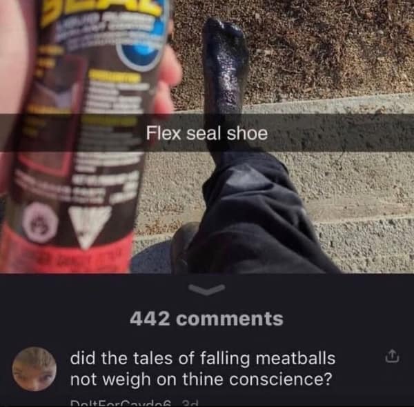 hilarious bad idea meme showing a person who has sprayed their entire bare foot with black Flex Seal to create a "shoe," with a comment referencing the "spray-on shoes" from Cloudy with a Chance of Meatballs.
