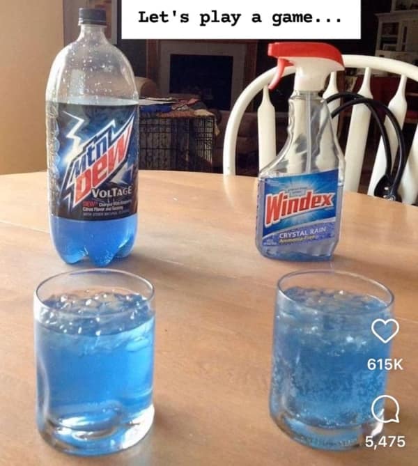high-stakes that's a bad idea visual showing a bottle of blue Mountain Dew Voltage next to a bottle of blue Windex, with two identical glasses of blue liquid poured out for a dangerous "game" of chance.