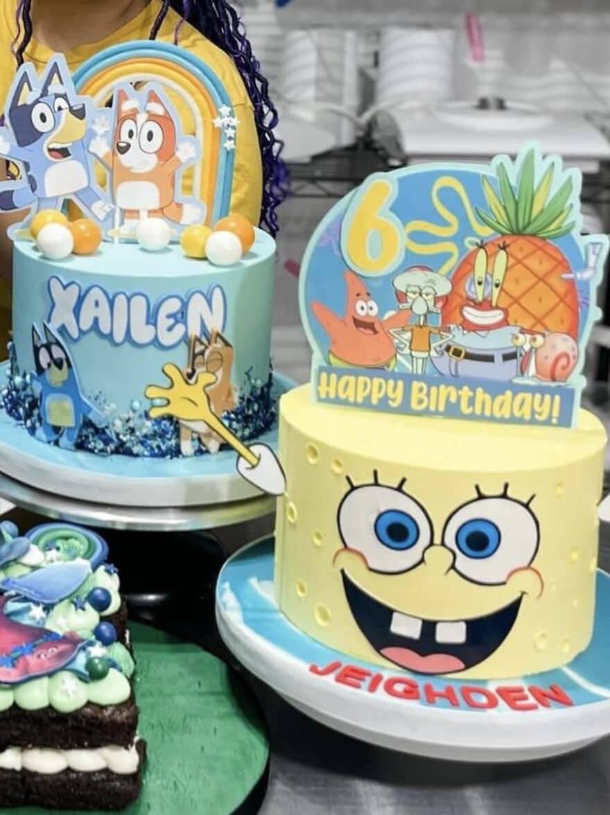 Two birthday cakes side-by-side; one says Xailen and the SpongeBob-themed one says Jeighden.