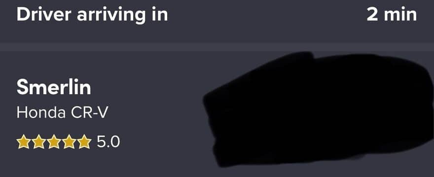 A screenshot of a ride-share app showing a five-star driver named Smerlin in a Honda.