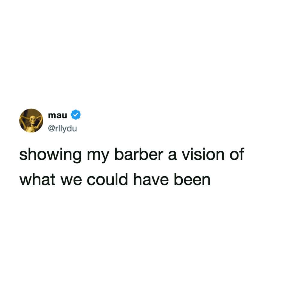 Humorous tweet about showing a barber a vision of what they could have been together.